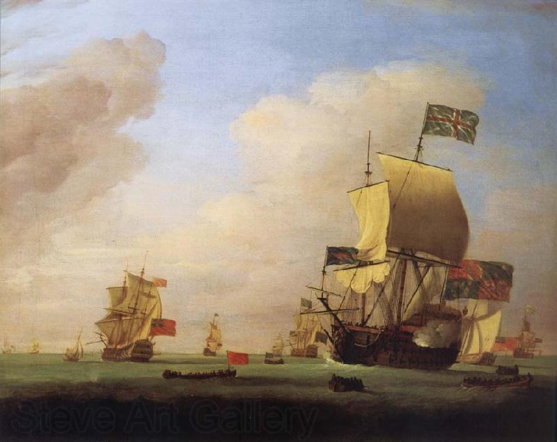 Monamy, Peter Flagship of Sir John Leake,coming to anchor in the bay of Barcelona Norge oil painting art